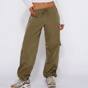 Tiger Mist Trinity Olive Green Wide Leg Cargo Parachute Pants XS Shiny